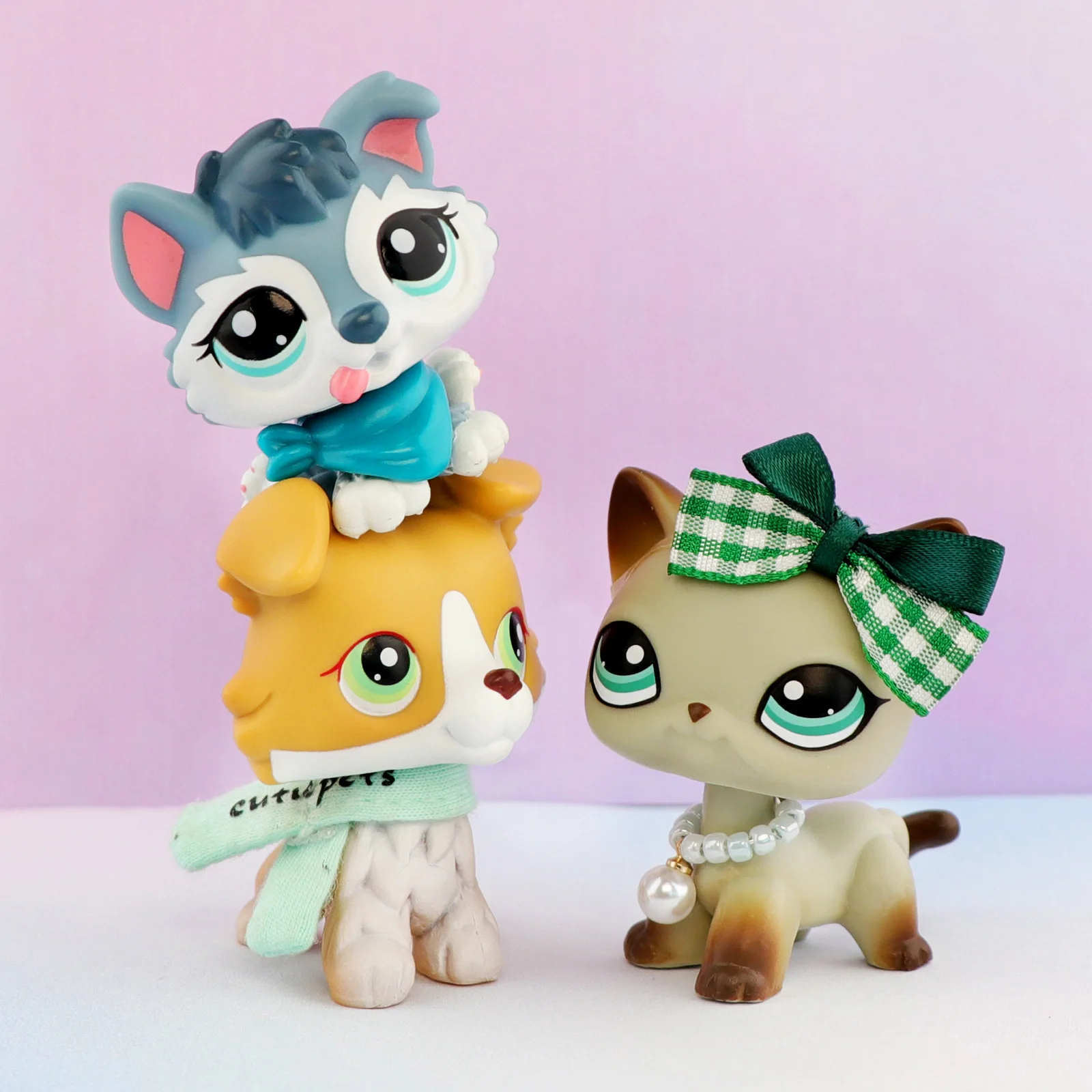 

3 pcs Minilpsshop Pet Shop Bobble Head Toys Husky Puppy #2036 Collie #272 ShorthairCat #391 With Accessories Great Gifts for lps