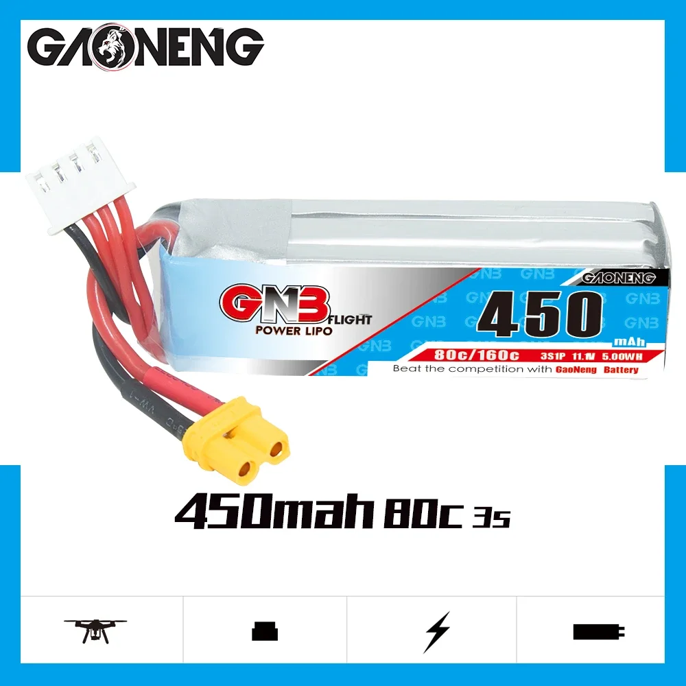 GAONENG GNB 450mAh 3S/4S/6S 80C 11.1V/14.8V/22.2V XT30 bateria LiPo typu Long Beta75X Cine Whoop Mini Micro FPV 1.6 do 2 cali