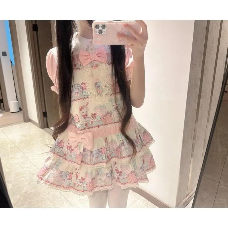 فستان لوليتا كاواي بطباعة كرتونية للنساء، فستان قصير بتصميم Y2k مع تطريز دانتيل، فستان ياباني لطيف بفيونكة وأكمام منتفخة