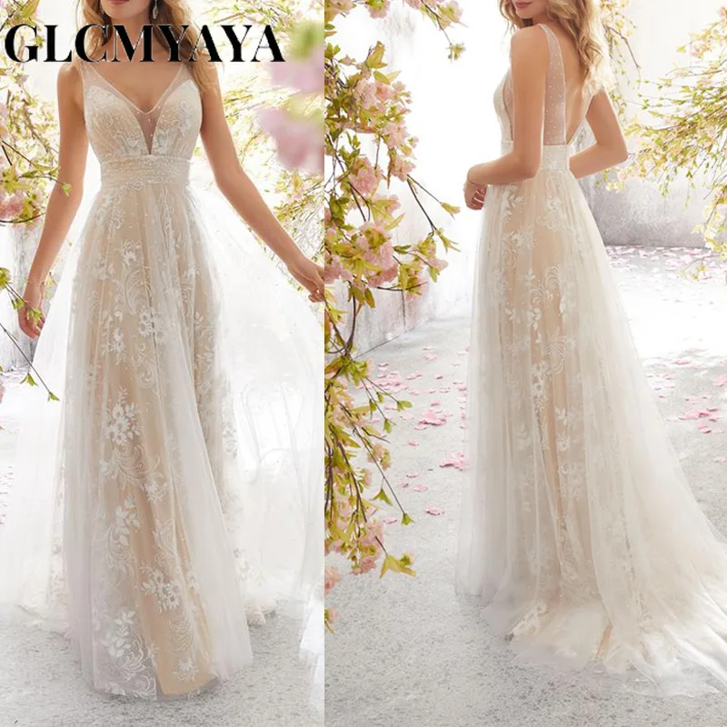 GLCMYAYA-Women's Evening Gown, Bridal Embridery Gown, V-neck Mesh Lace, Simple Backless, Long Dress, Elegant Party Dresses