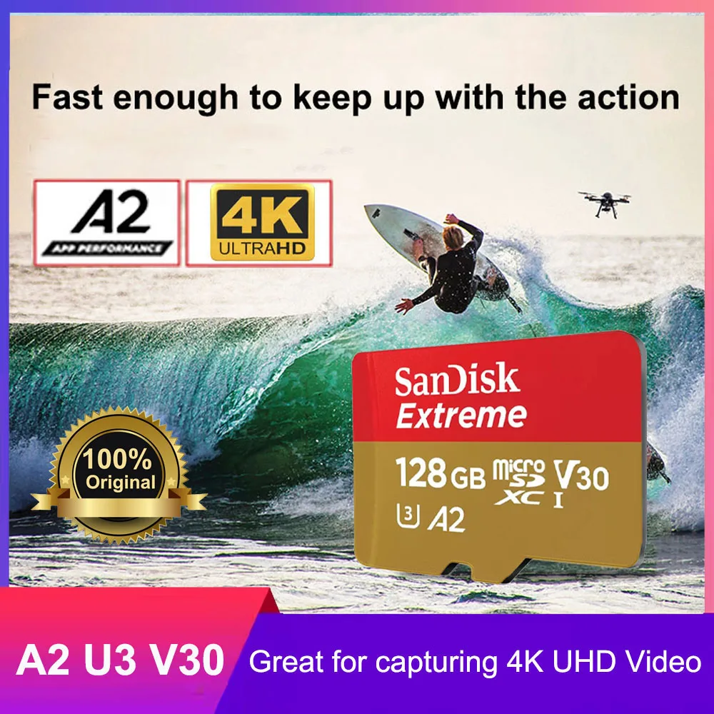 بطاقات SanDisk Extreme microSDHC microSDXC UHS-I 4K UHD وفيديو عالي الدقة UHS Speed Class 3 (U3) وفئة سرعة الفيديو 30 (V30)