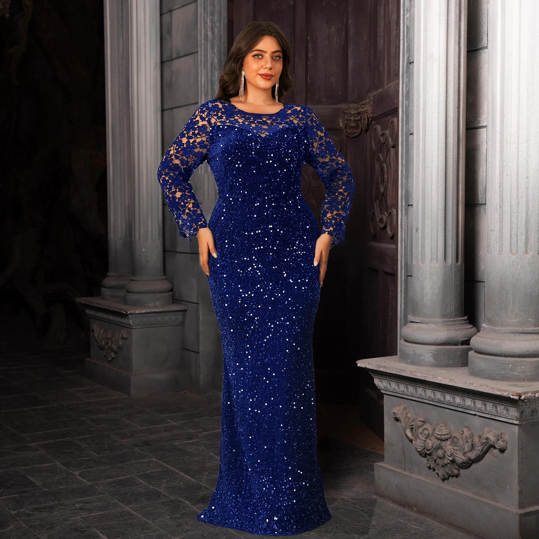 エレガントな曲線美のイブニングドレス、女性用レースフルスリーブ、スパンコール付きベルベット、透かし彫り、控えめなマキシ丈ガウン