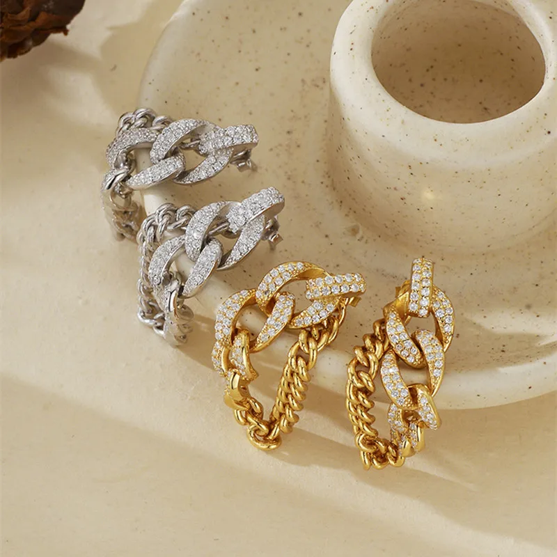 

S925 sterling silver women's earrings gold-plated zircon chain European and American popular fashion jewelry party accessories