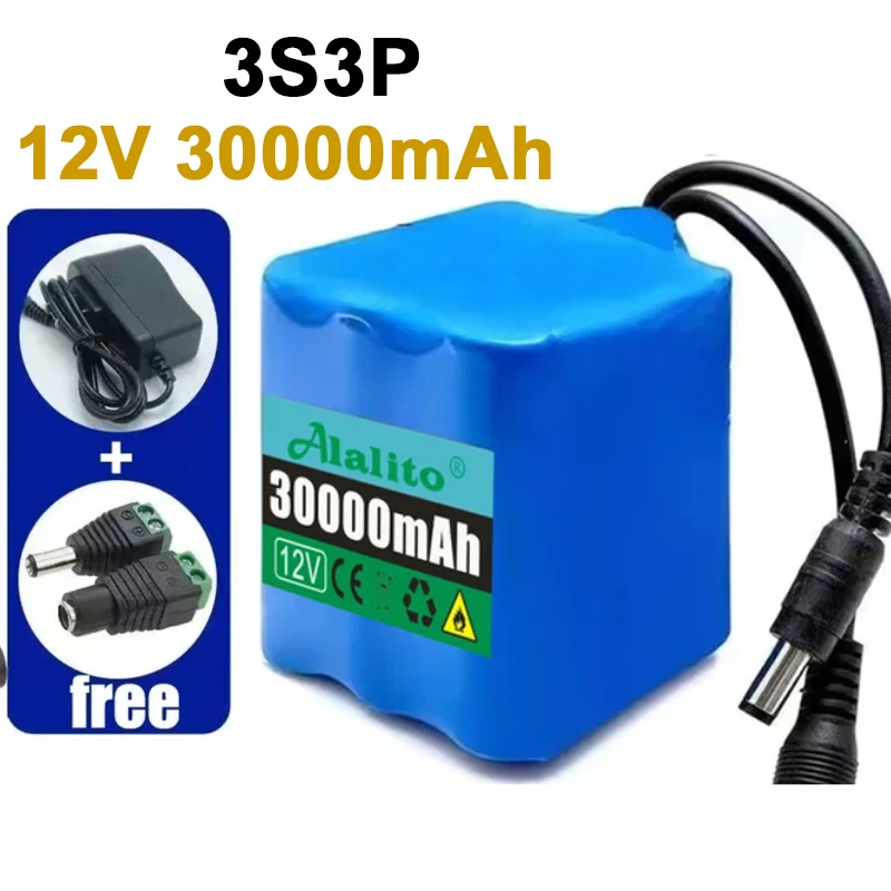 12V New Portable Super 3S3P 30Ah Battery Pack Lithium Ion18650 12V 50000mAh DC12.6V Large Capacity Rechargeable Battery with BMS