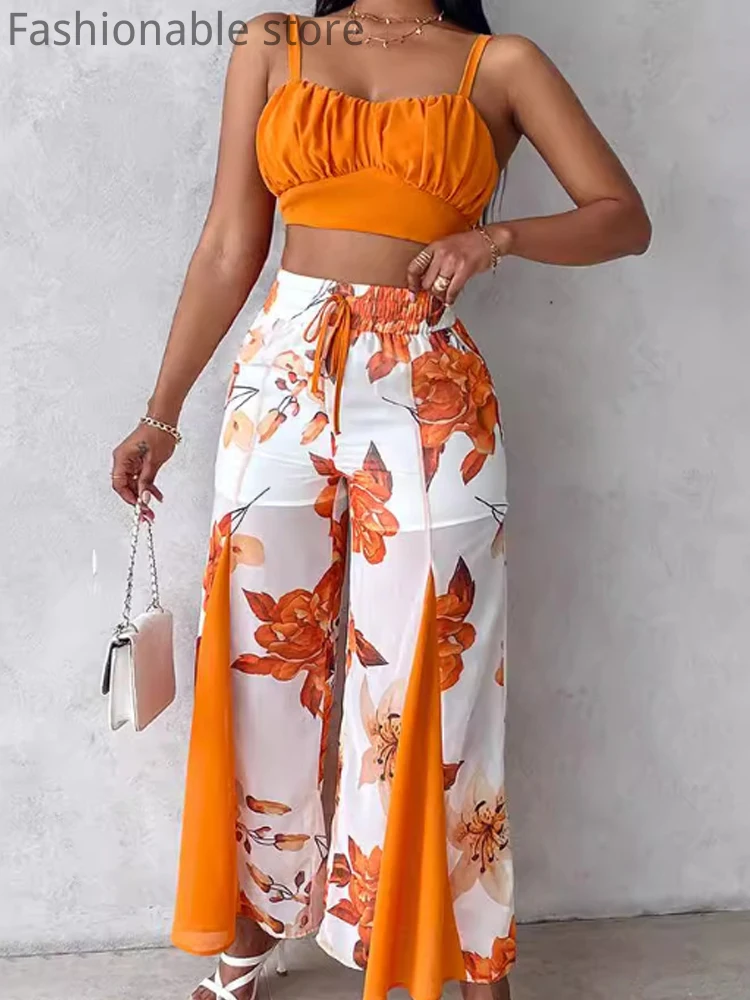 2 Piece Sets Women Outfit Spaghetti Strap Print Crop Top and High Waist Wide Leg Trousers Set