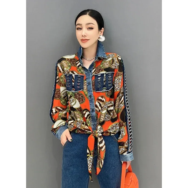 Spring Summer Denim Patchwork Chiffon Shirt With Tie Up Fashion Casual Loose Elegant Women's Clothes Ladies Tops