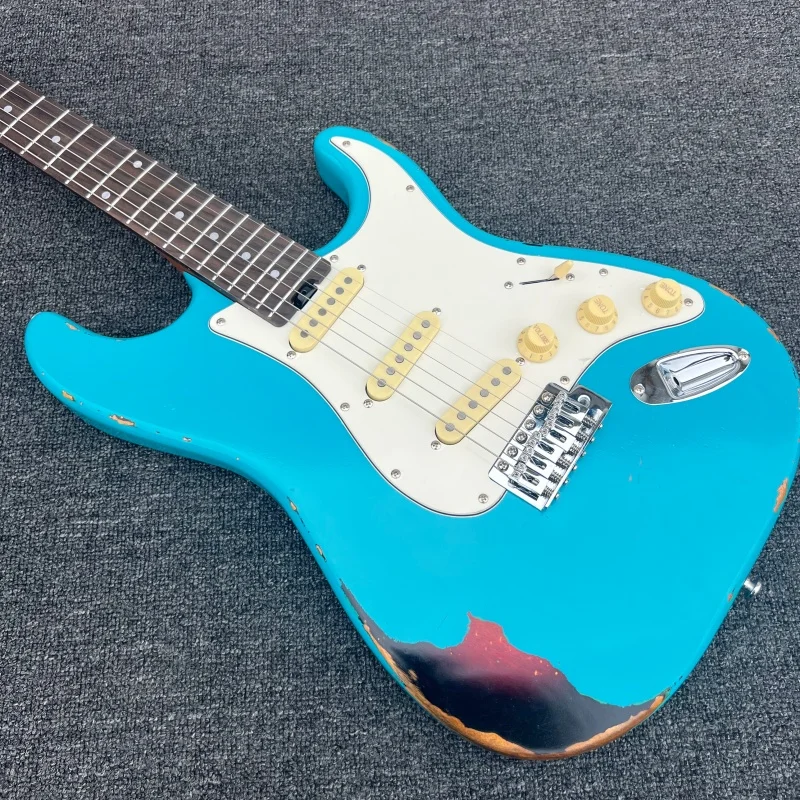 

Electric Guitar Single-Wound ST Blue Vintage Retro-Style - Mahogany Body - Maple Neck - SSS Pickup, Free Shipping
