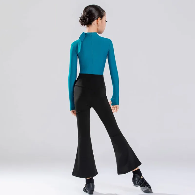 Dames Kinderen Meisjes Latin Danskostuums Lange mouw V-hals Vouwbodysuit en oefenbroek Past Ballroom Rumba Danskleding