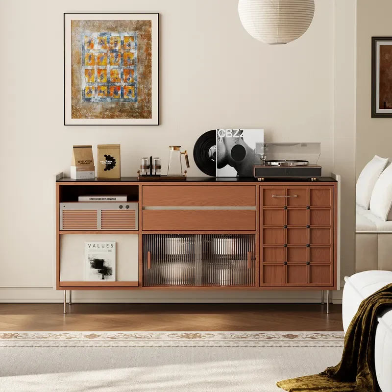 Solid Wood Retro Bauhaus Side Cabinet Integrated Storage Against Wall Low Cabinet French Household Tea Coffee Storage Bar