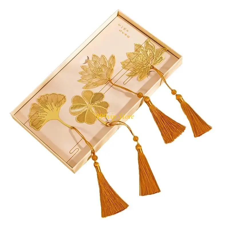 C90C 4Pcs Metal Leaf Bookmarks with Pendant, Classical Metal Bookmarks, Hollow Out Bookmarks Set Handmade Vintage Bookmarks