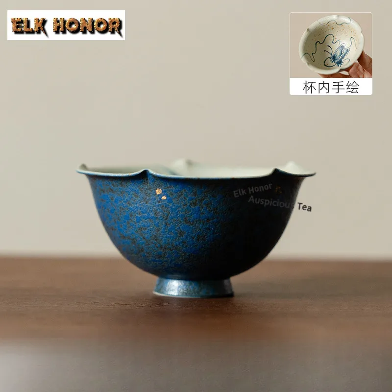 

90ml Lapis Blue Hand Painted Butterfly Teacup Luxury Tea Bowl Beautiful Tea Cup Tea-tasting Smelling Cup Chazhan Master Cup Gift