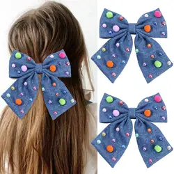 Sweet Rhinestone Hairpin Fashion Jeans Bow Hair Clips Kids Party Hair Accessories Simple Barrettes Headwear Girls Headdress