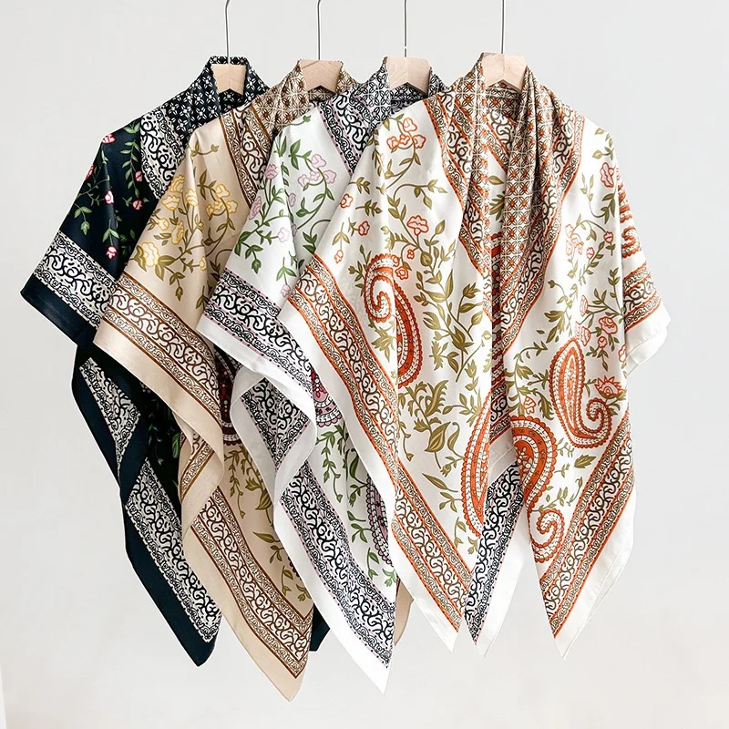 Women Spain Fashion Paisley Garden Floral Silky Shawl Scarf High Quality Wrap Headband Bufandas Muslim Hijab Sjaal 130*130Cm