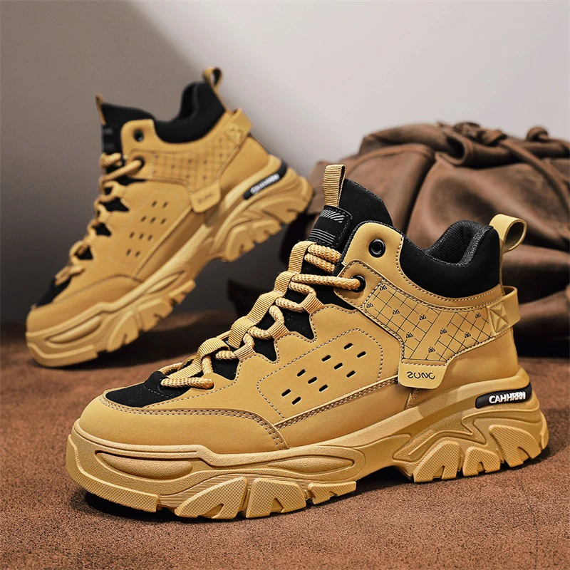 

Кожаные ботильоны в британском стиле для мужчин, мужские мотоциклетные ботинки на платформе с уличным дизайном, уличная нескользящая высокая рабочая обувь для мужчин