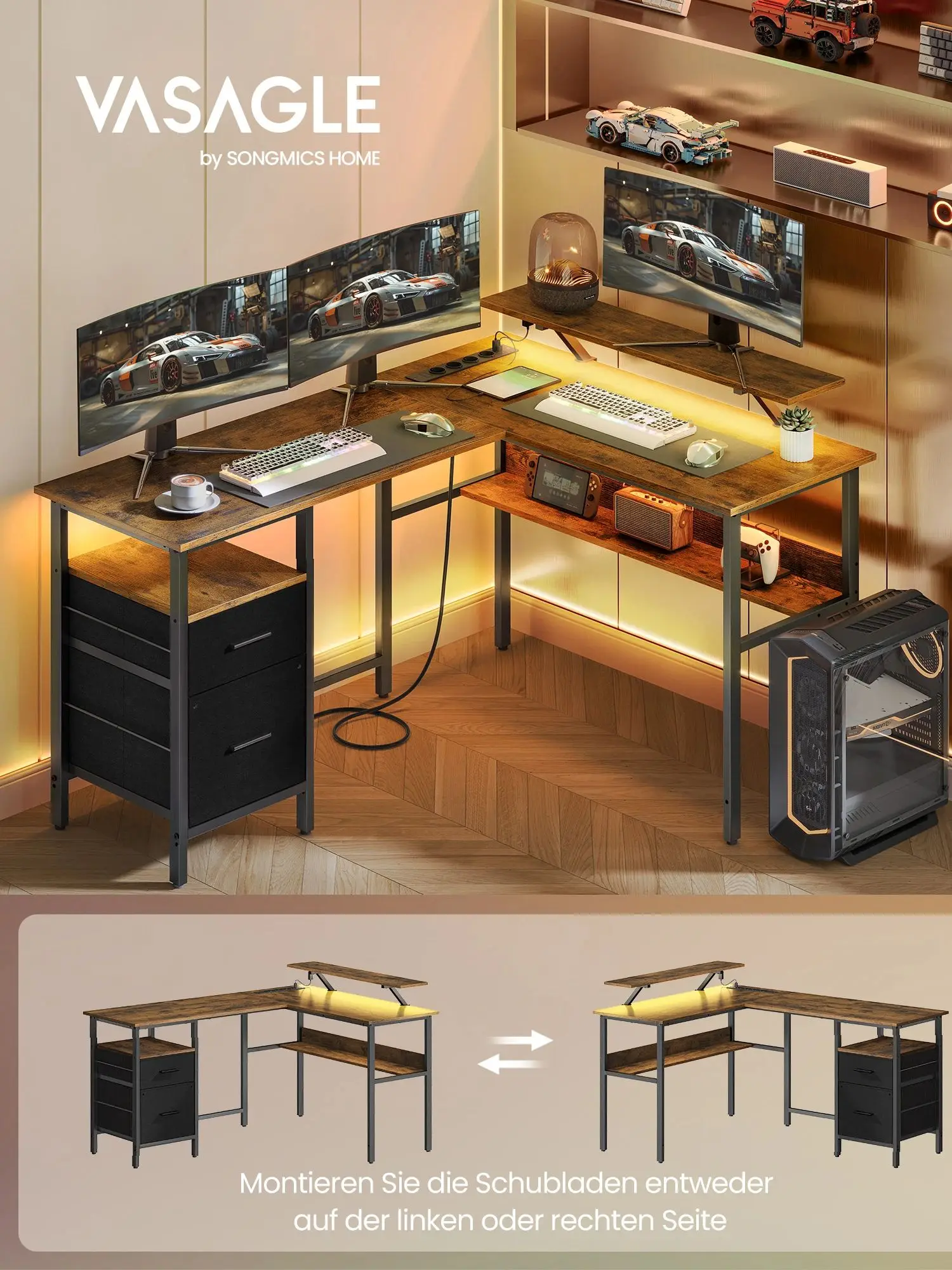 VASAGLE L-vormige bureaustluitingen Hoekbureau Computertafel Monitorstandaard Speeltafel LED-verlichting