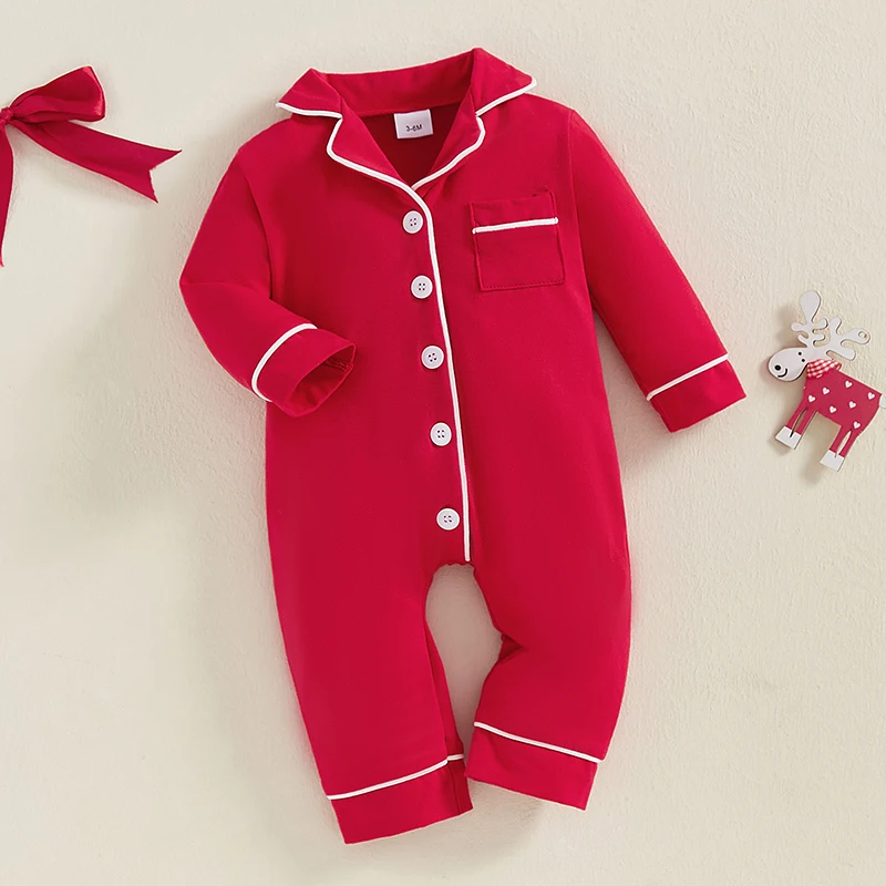 Baby Girl Boy Pajamas Romper Button-Up 1-Piece Pajamas Footie Red Christmas Pjs Newborn Hospital Clothes