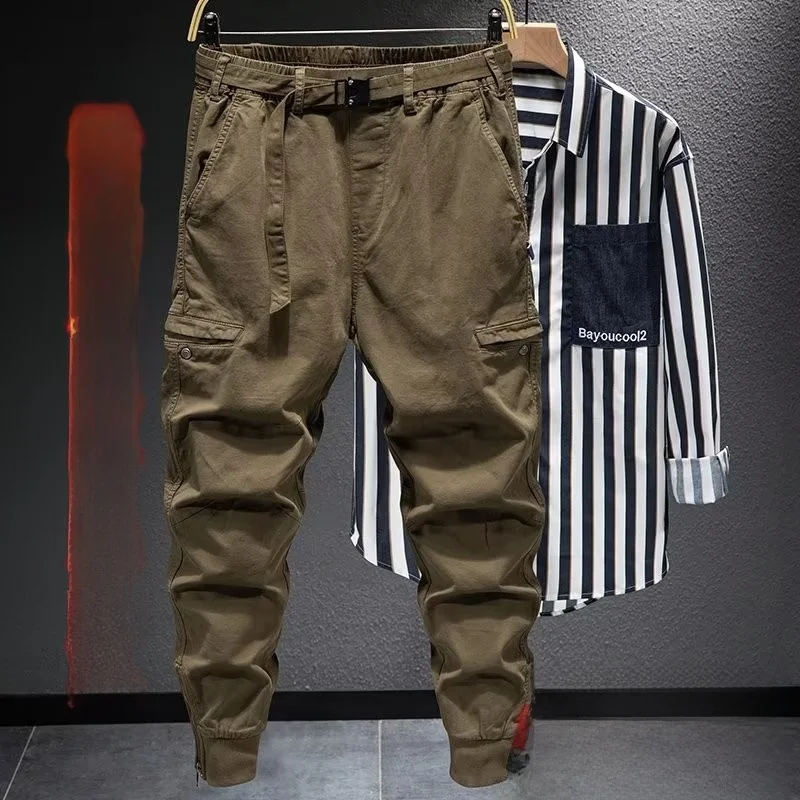 

Retro American Spring Autumn Winter Wear-Resistant Work Pants Men's Casual Big ket Loose Elastic Waist Zipper Cuffed Pants