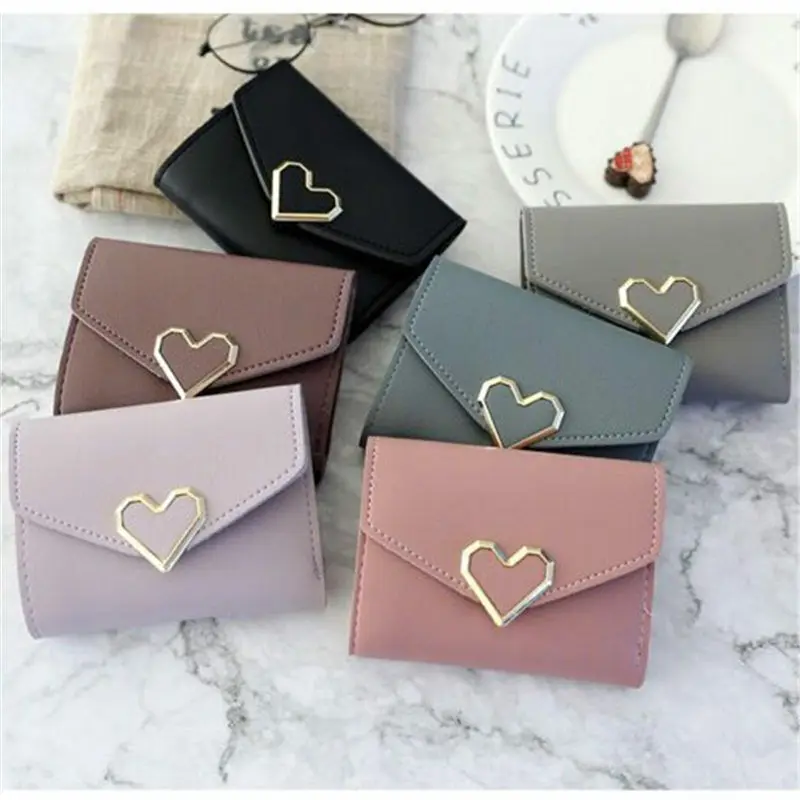 

Women's Short Wallets Heart-Shaped Cute Small Women's Wallet Fashion PU Leather Slim Simple Female Purse ID Credit Card Holder