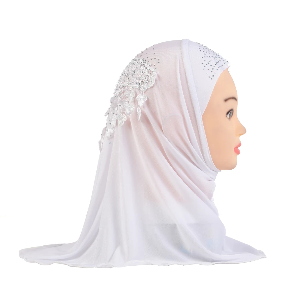 H045 beautiful small girl amira hijab with lace on back fit 2-5 years old kids pull on islamic scarf head wrap