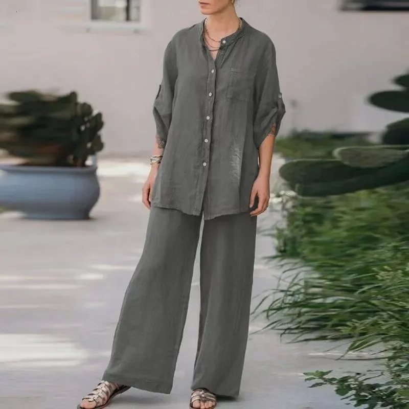 Fashion Roll-up Shirt + Trousers 2 piece Set Women's Spring Autumn Casual Loose Wide Leg Pocket Long Pants Vacation Suit Female
