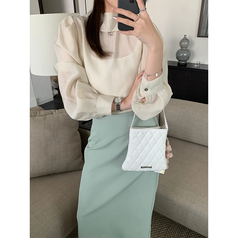 

Pijiuu Women's Pullover irt Spring 2024 f High Collar Gentle Color Beige Soft Sle Pure Color Regular Sve irt