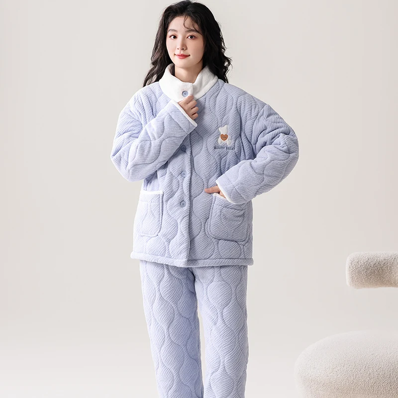 Newest Women Clothing Winter Three Layer Clip Cotton Pijama Female Thick Sleepwear