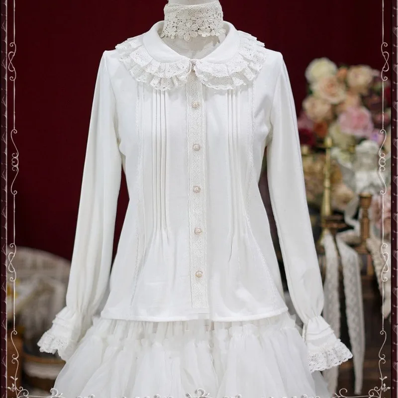 

Японская викторианская винтажная рубашка в стиле Лолиты, женские элегантные милые однотонные блузки с длинными рукавами, кружевные лоскутные повседневные топы с воротником Питера Пэна