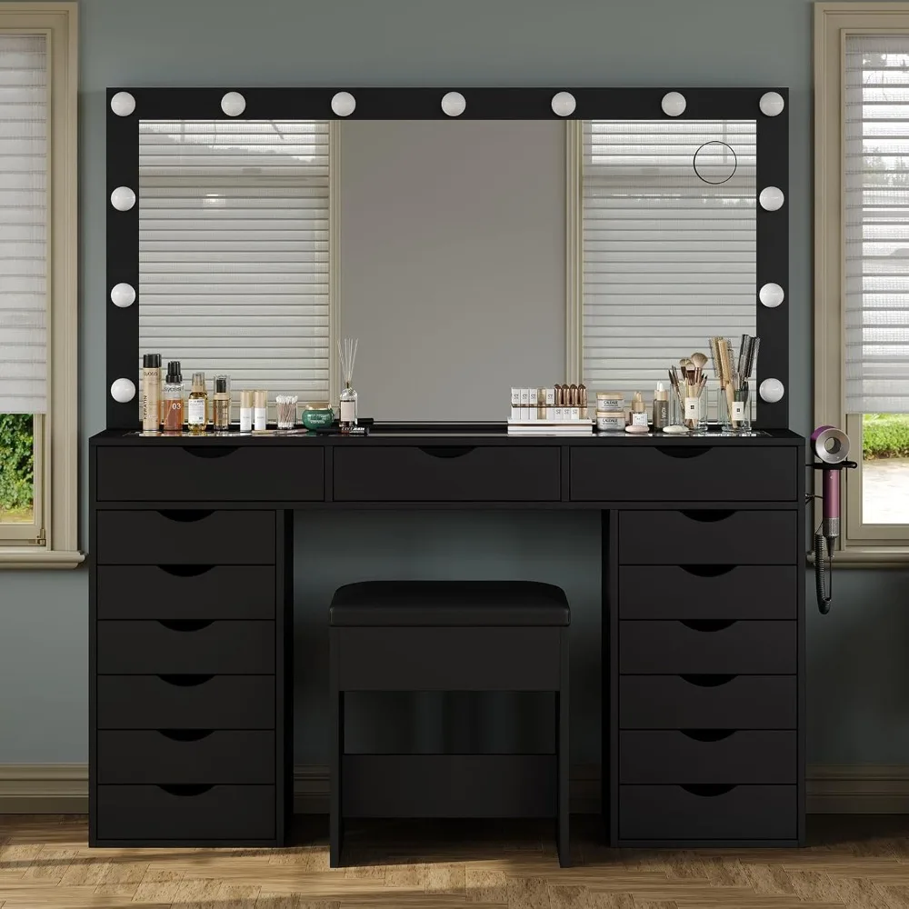 

"15-drawer vanity desk with built-in power outlet, led-illuminated makeup table with adjustable 3-color lighting and mirror"