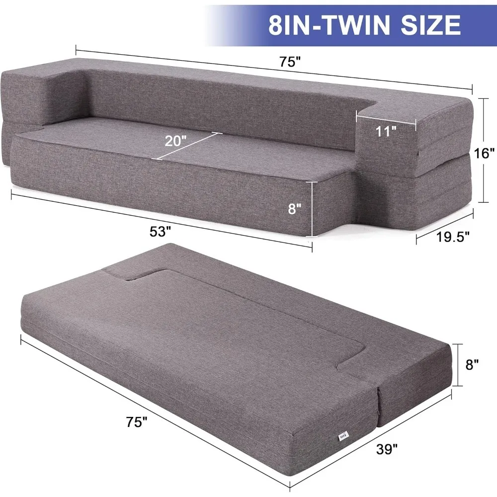 Floor Sofa Bed, Fold Out Couch with 2 Pillows & Washable Cover Convertible Sleeper Folding Mattress for Living Room,