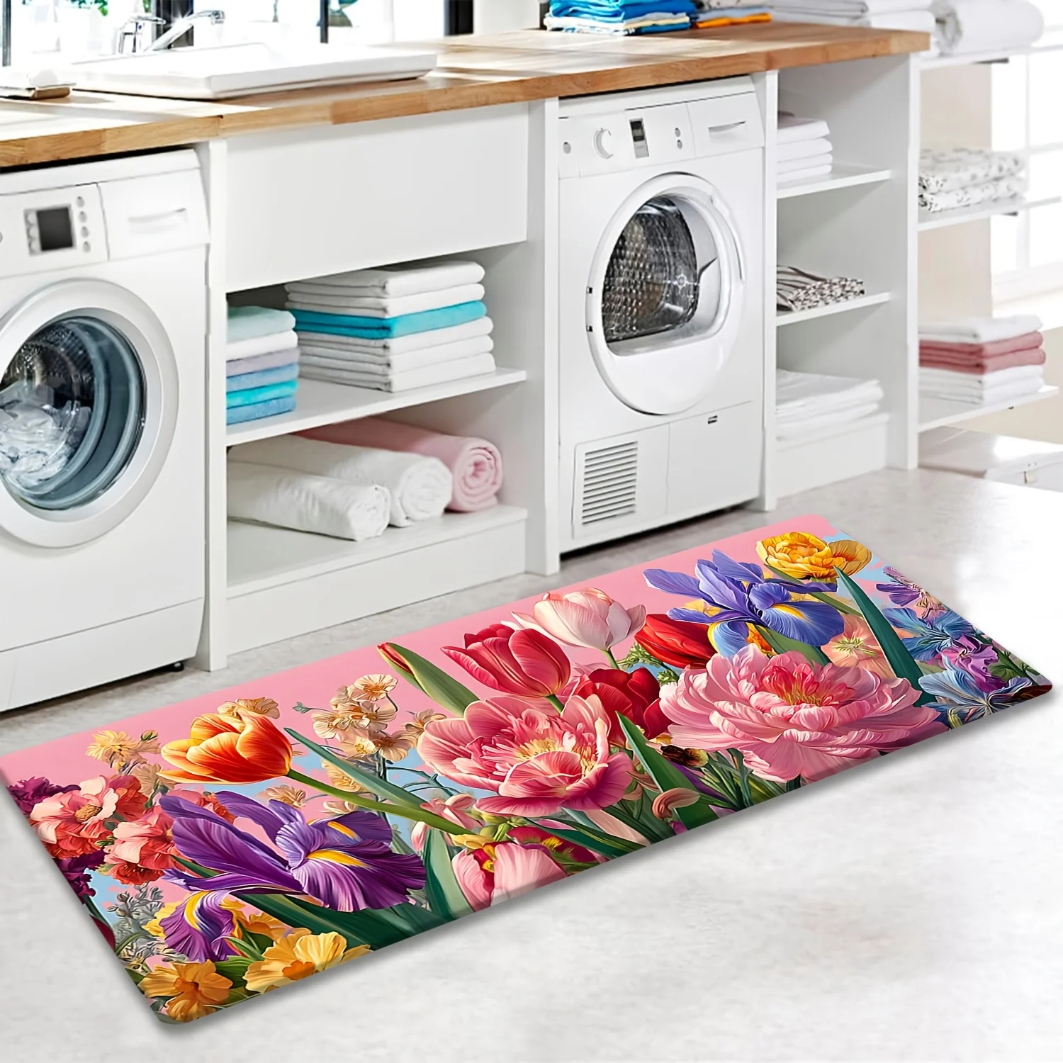 ink Base Colorful Tulip Peony Runner Mat Anti Slip Absorbent Rug Vibrant Mixed Floral Print Carpet for Laundry Kitchen Bathroom