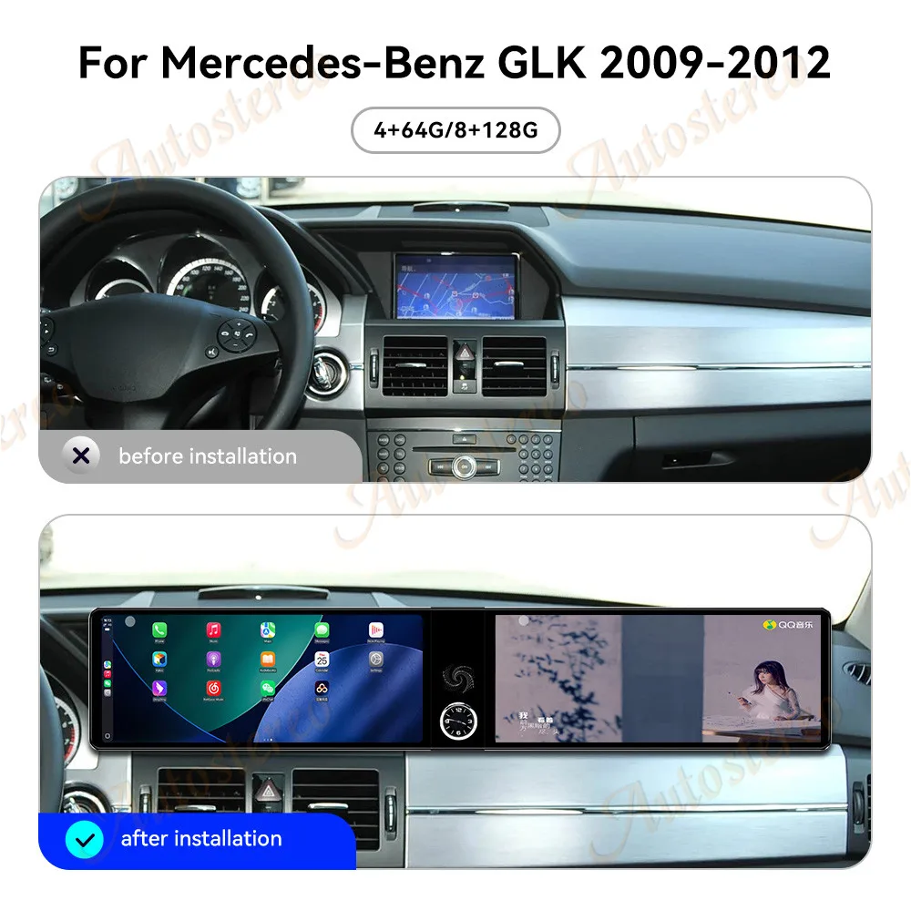 12.3 inch Dual Screen Carplay Android 14 Car GPS Navigation For Mercedes Benz GLK 2009-2012 Head Unit Multimedia Player Car Radi