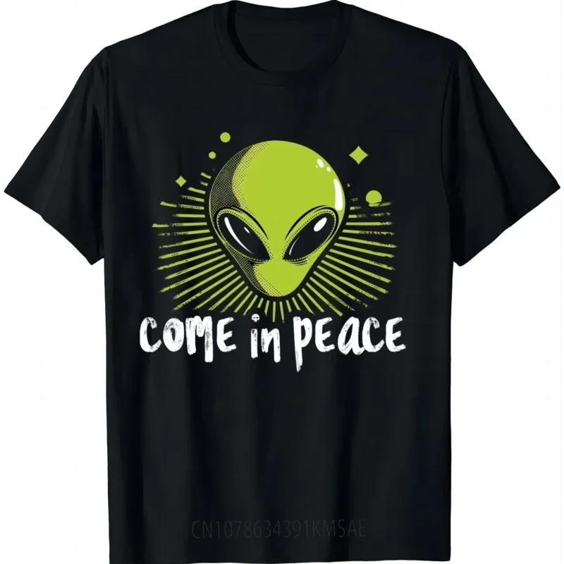 Camiseta con estampado de Alien de dibujos animados para hombre, Camisetas con eslogan "Come IN Peace", Camisetas gráficas, ropa de calle