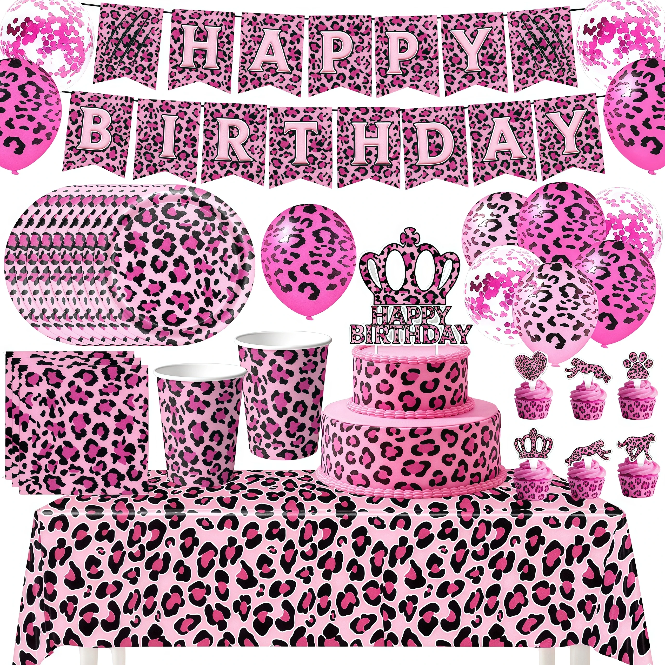 Décoration de fête d'anniversaire léopard rose, vaisselle, tasses, assiettes, serviettes, bannière, décoration de gâteau, fournitures de fête, cadeaux