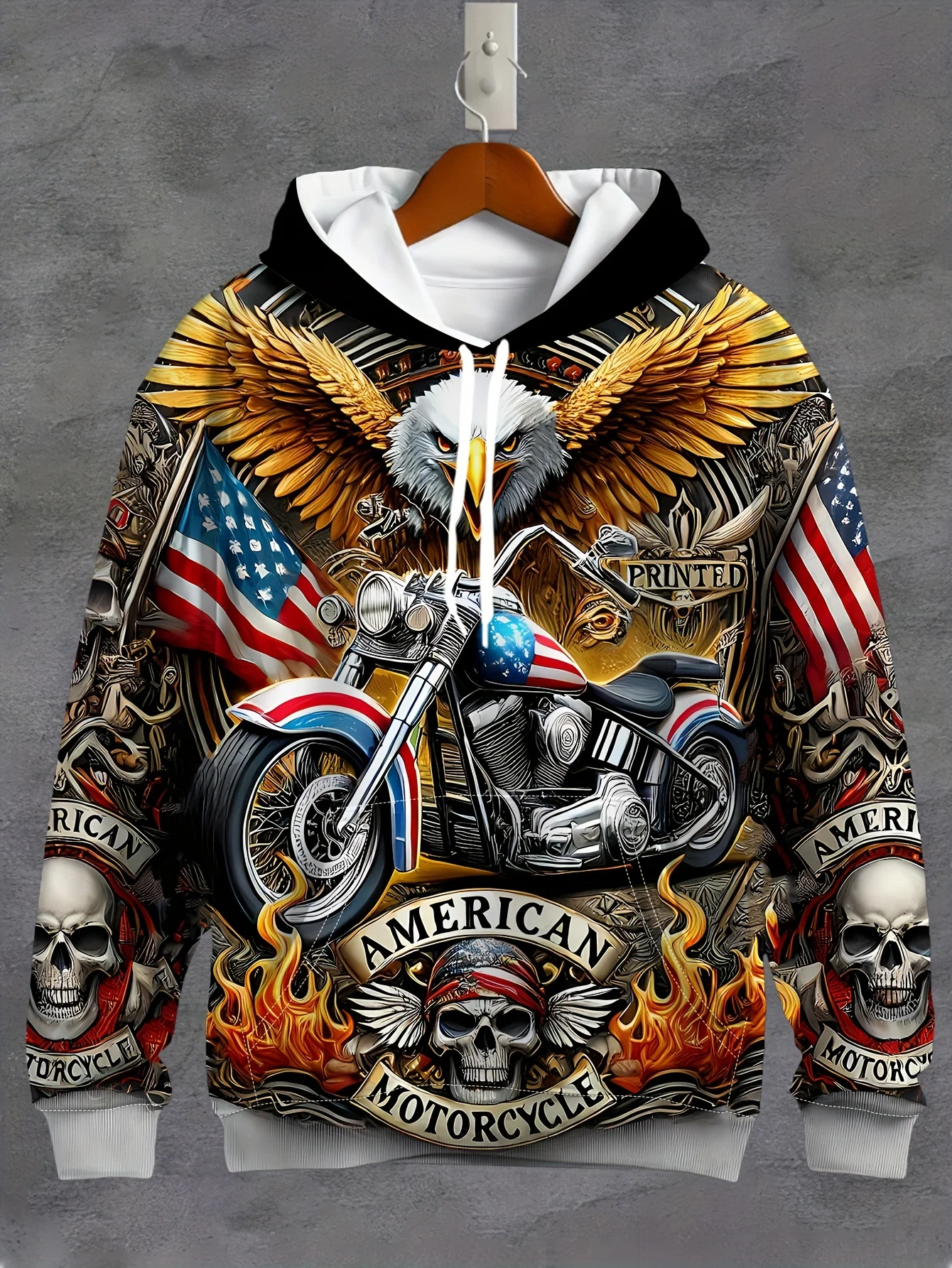

Men's Patriotic Eagle Motorcycle Hoodie. Long-Sleeved Casual Pullover Drawstring Pockets American Flag Print Perfect Fall Wint