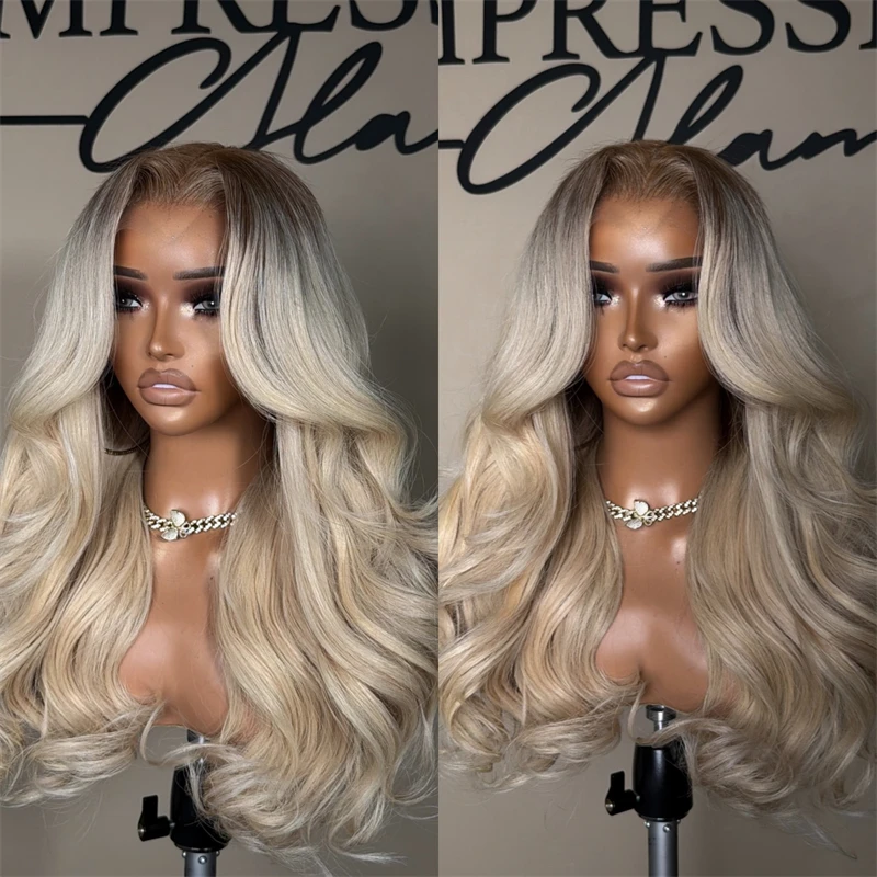 Ombre Creamy Blonde Synthetic HD Lace Front Wig with Roots Party Daily Cosplay Heat Resistant Fiber Wigs Preplucked Hairline