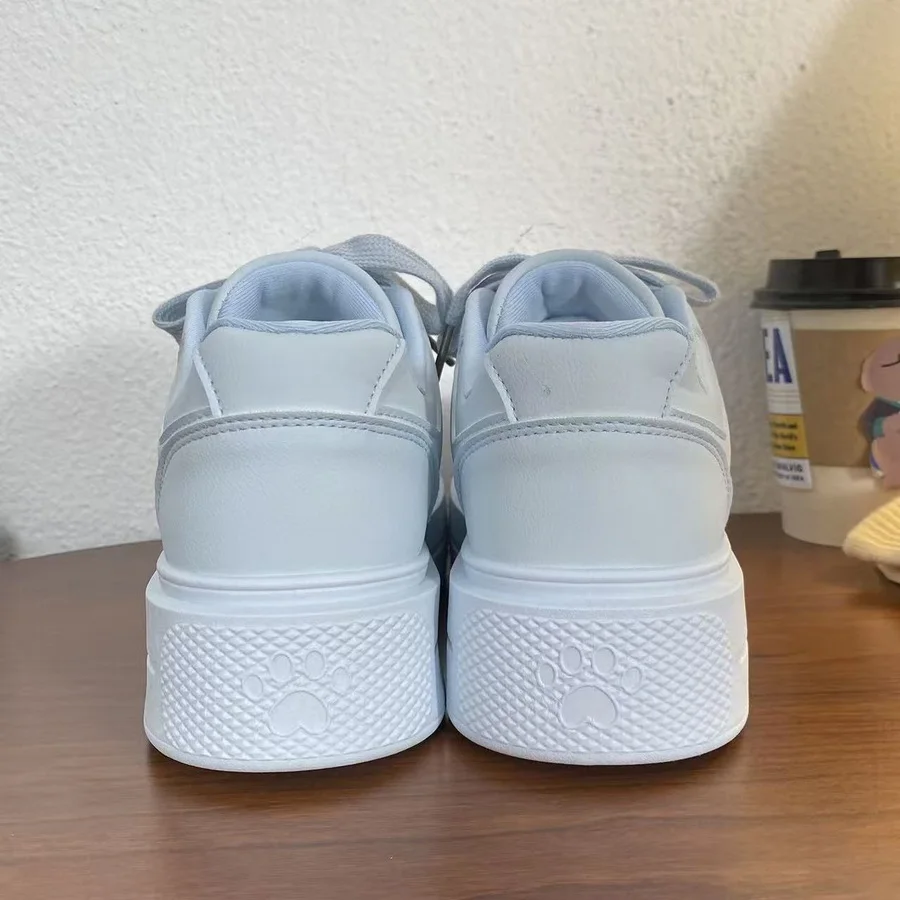 Niedliche Katzenpfoten-Absatz-Print-Plateau-Skate-Sneaker für Damen, blaue Kunstleder-Schnürschuhe, lässige, einfarbige Board-Schuhe für Teenager. – Detail 9