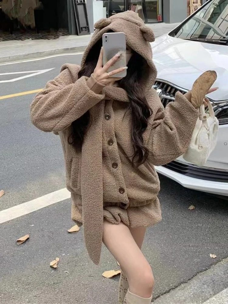 Korean Kawaill 2 Piece Set Casual Sweet Hooded Warm Coat + Women Vintage Slim Bodycon Office Lady Mini Skirt Fashion 2023 Winter