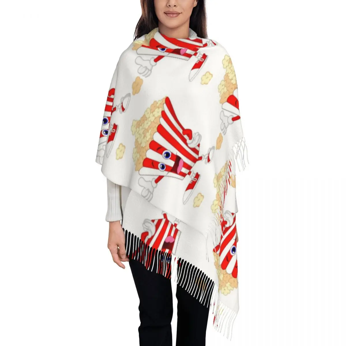 

Popcorn Cartoon Art Scarf Tassel Scarves for Women Soft Warm Shawls and Wraps Large Fall Winter Shawl Wrap