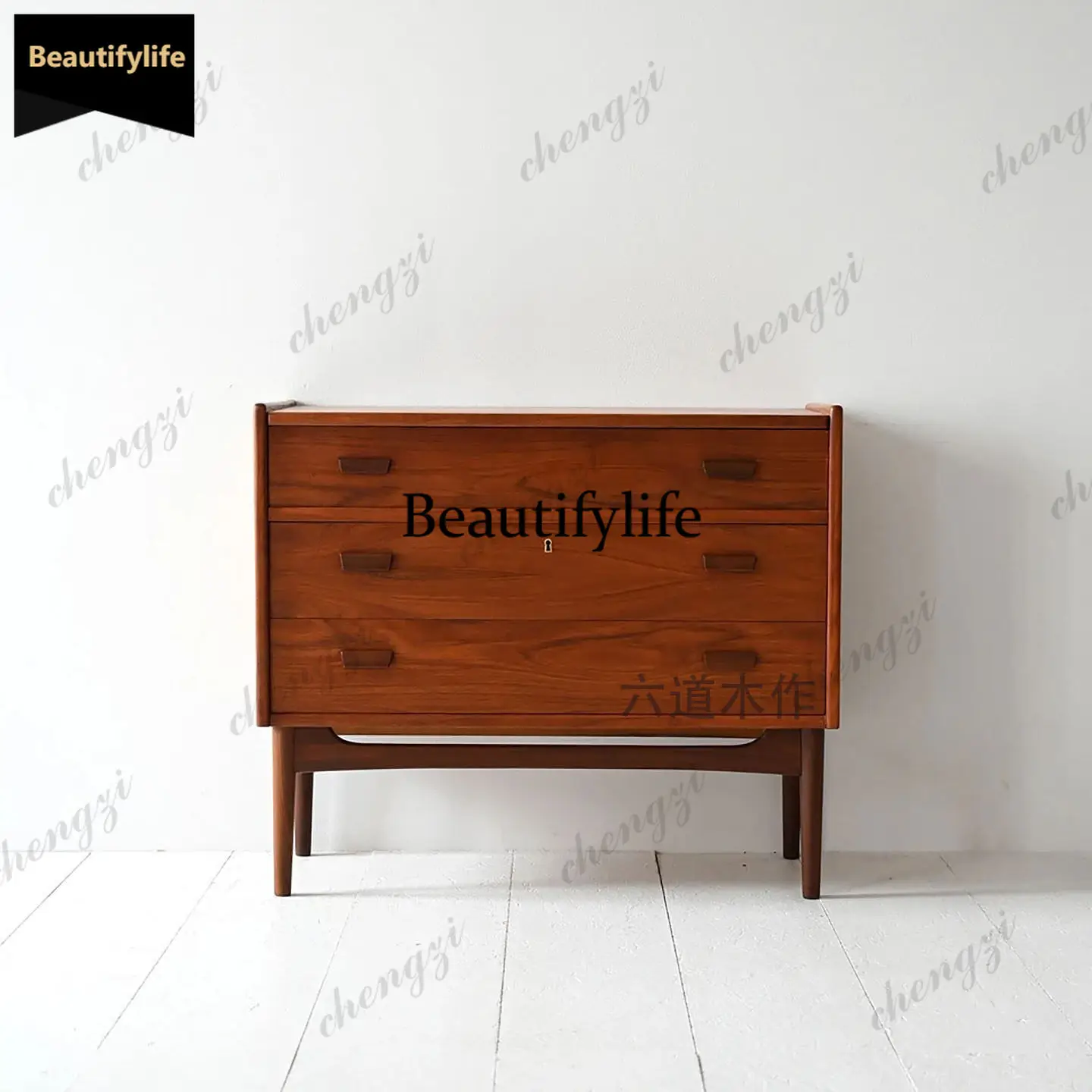 Medieval dresser with mirror, retro cherry wood teak color four-chest cabinet, household bedroom storage cabinet customization b