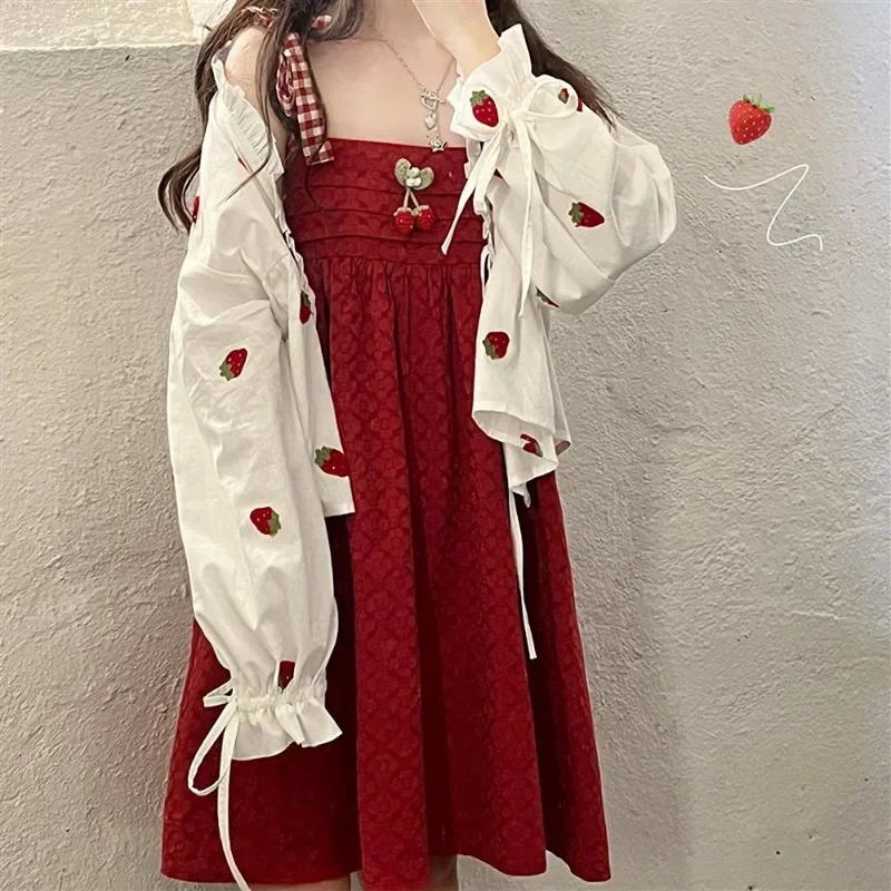 Hikigawa Chic Fashion Strawberry Long Sleeve Women Cardigan +Slim All Match Sweet Plaid Dresses Spring New 2 Set Ropa Mujer