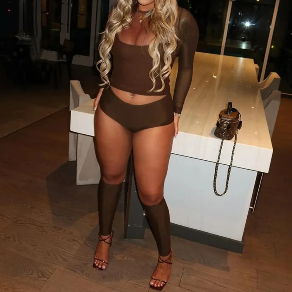 Women Sexy Clubwear 4 Piece Set See Through Mesh Long Sleeve T-shirts + Tanks Crop Tops + Shorts + Calf Lef Covers Casual Suits