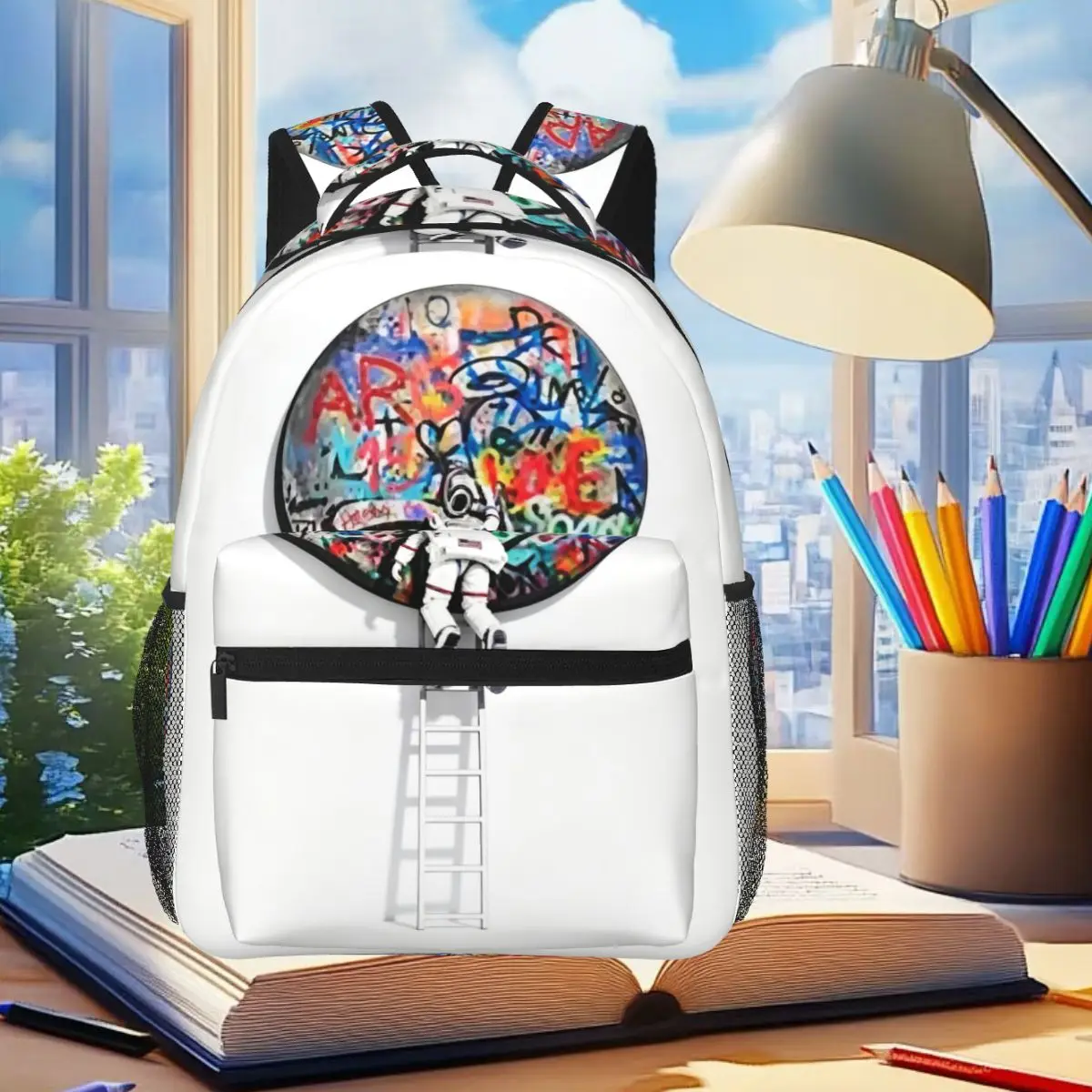 Astronauts Graffiti On The Moon Design Backpack Student Boys Girls BookBag Children School Bag Laptop Shoulder Bag for Men Women