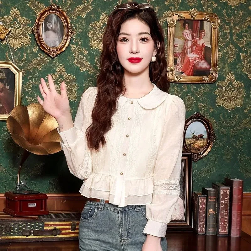 Cardigan Patchwork à manches longues et col de poupée pour femmes, chemise haute, couleur unie, ajouré, mode, haut élégant