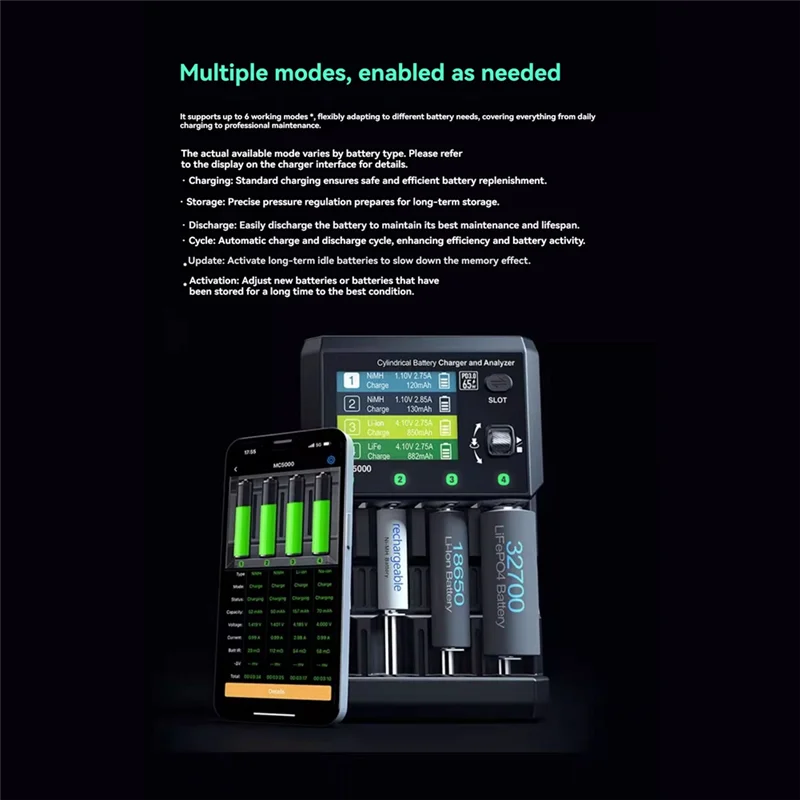 شاحن بطارية ذكي MC5000 PD 3.0 Max 65W تطبيق بلوتوث لـ Li- HV Life Nimh Nicd Eneloop Nizn RAM LTO Na- #6