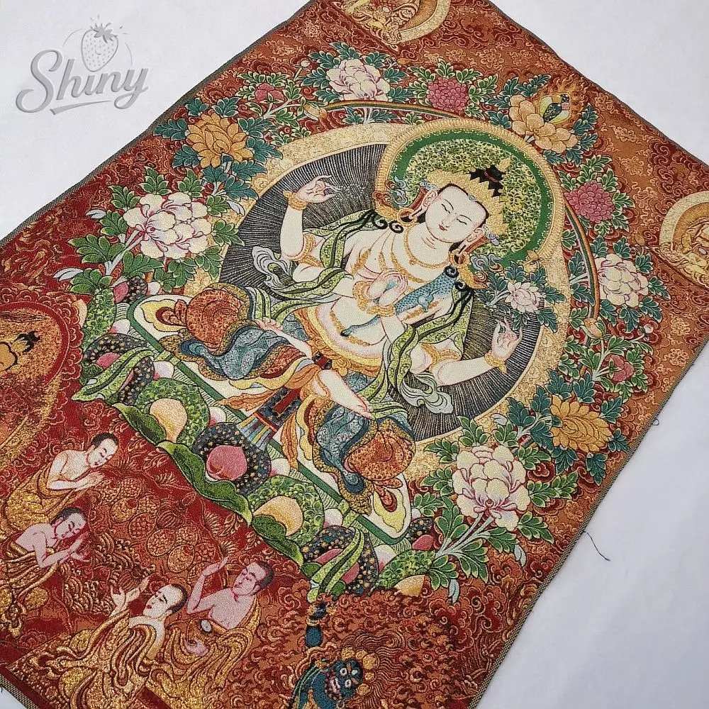 35.4″  Four-Armed Avalokiteshvara Bodhisattva Brocade Tibetan Tangka Embroidery Painting Gold Thread Embroidery Hanging Pictures