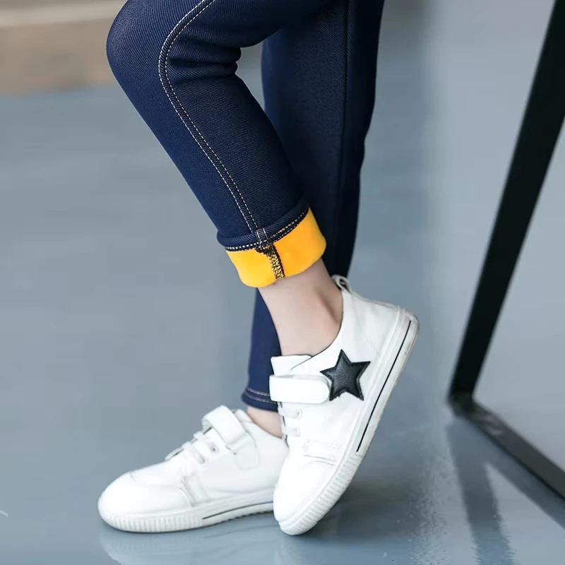 Girls Winter Cowboy Denim Kids Pants with Fleece for Children Elastic Waist Bootcuts Jeans