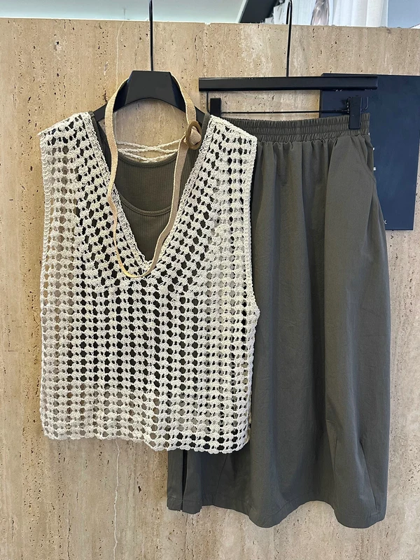 

Summer 2026 Women's Fashion Set Tagkita Hollow out Crop Top Vest High Waist Skirt Three Piece Set Short Sleeveless Outfit