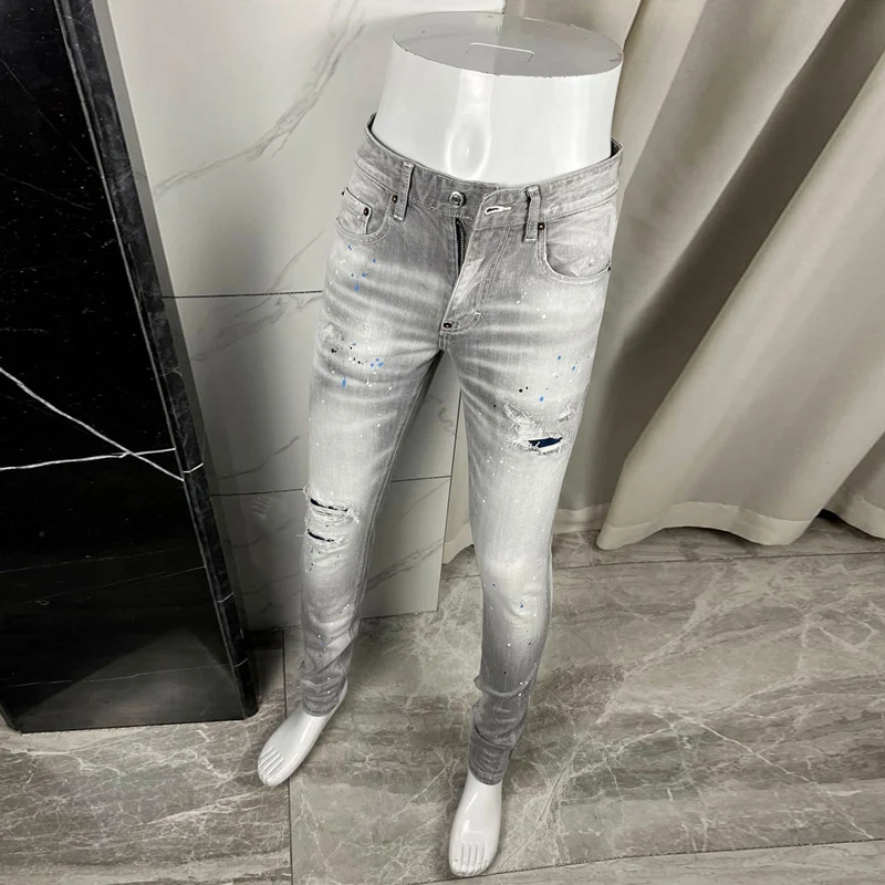 Fashionable new jeans, painted, washed, nostalgic, stretchy, slim fit, retro, light gray men's jeans, designer high street hip-h