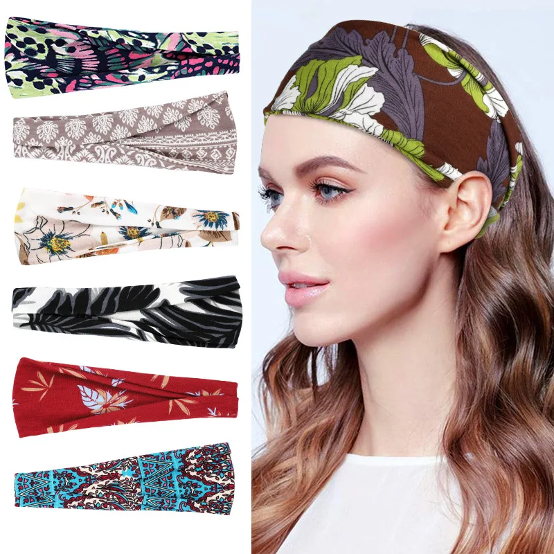 Hippie Cotton Floral Print Headbands Turbans for Women Accesorios Sports Yoga Soft Width Hair Bands Washing Headwear 2023 New