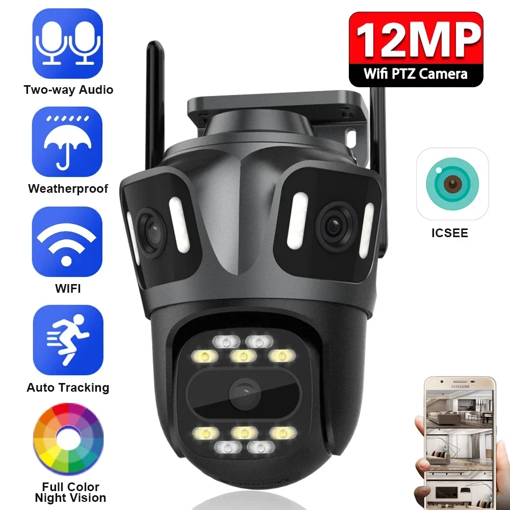 

12MP 6K PTZ WIFI IP Security Camera Three Lens Three Screens Outdoor Auto Tracking Wireless CCTV Video Surveillance Camera 4K